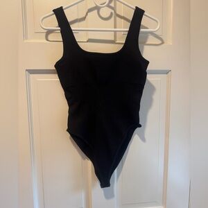 Black Ribbed Bodysuit Seamless Sleeveless Square Neck Tank Top Shapewear